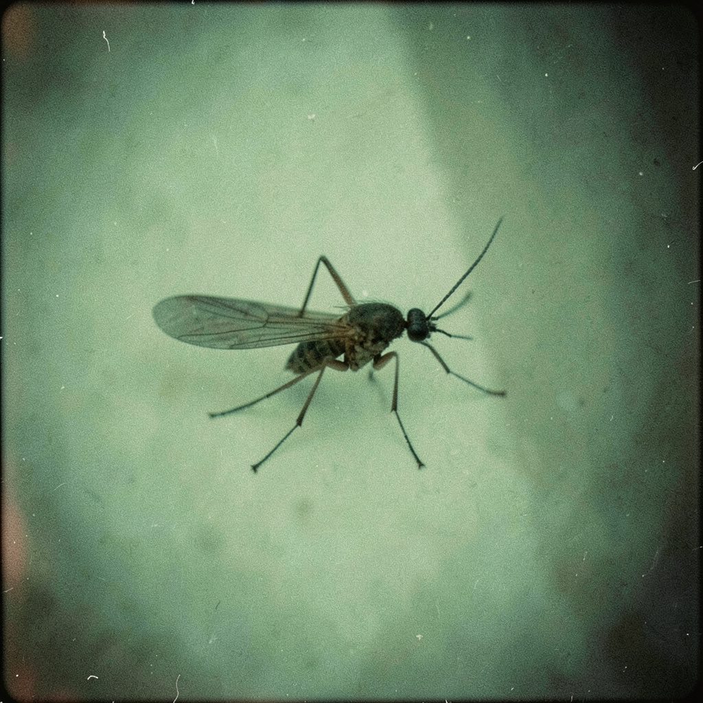 Fotografía en película con grano de un mosquito sobre una superficie clara, tonos verdes y beige, atmósfera de campaña sanitaria