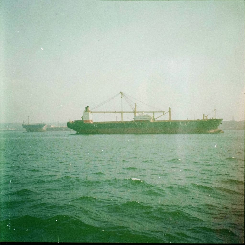 Vista del puerto con grúas y contenedores bajo un cielo nublado, en tonos grises y metálicos, con grano de película analógica.